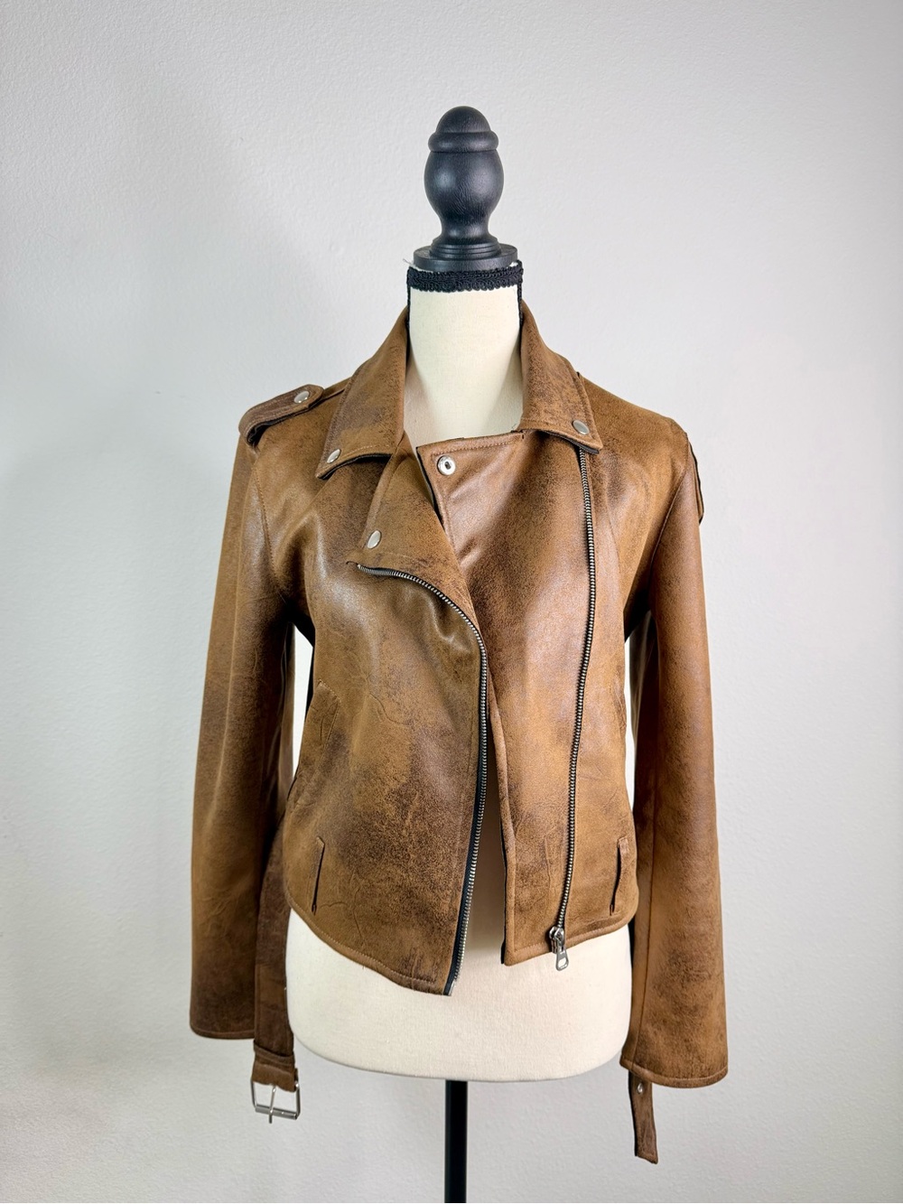VENUS Distressed Brown Faux Leather Moto Jacket